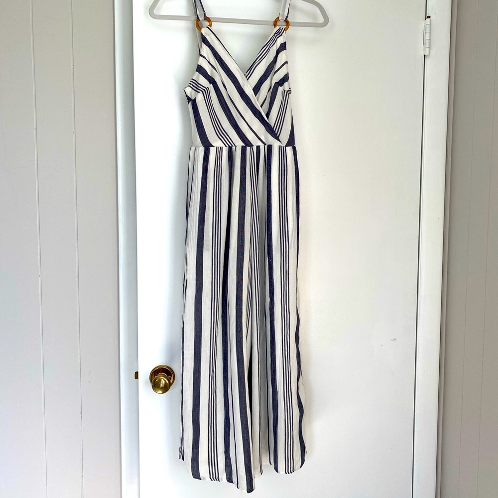 Navy and white striped jumpsuit